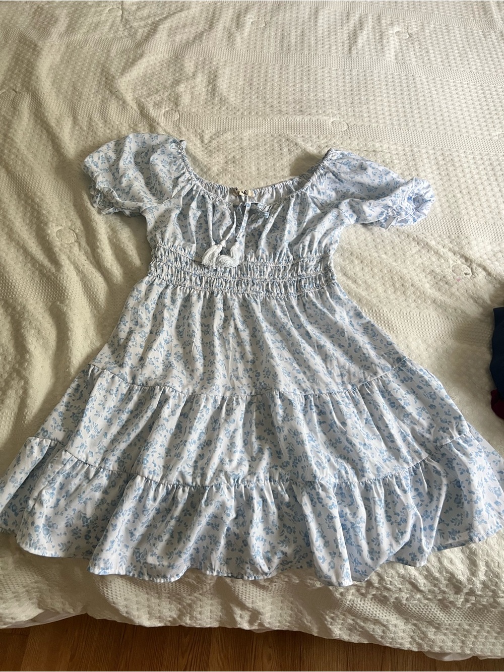 Blush Light Blue Floral Smocked Tiered Dress for Girls